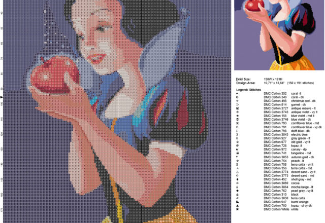 Bellissima Principessa Disney Biancaneve con la mela rossa schema punto croce gratis