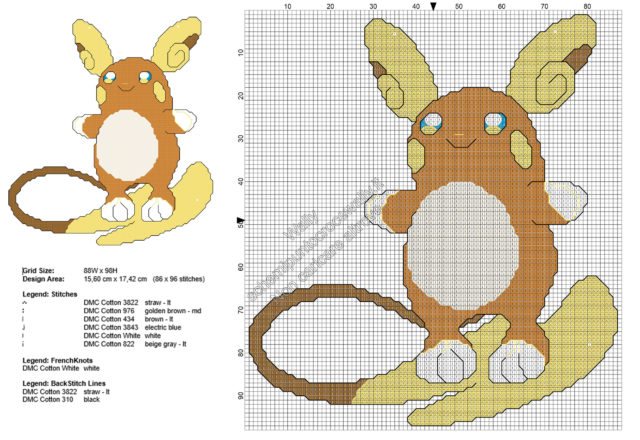 Pokemon Sole Luna Raichu Alola schema ricamo punto croce gratis 86x96