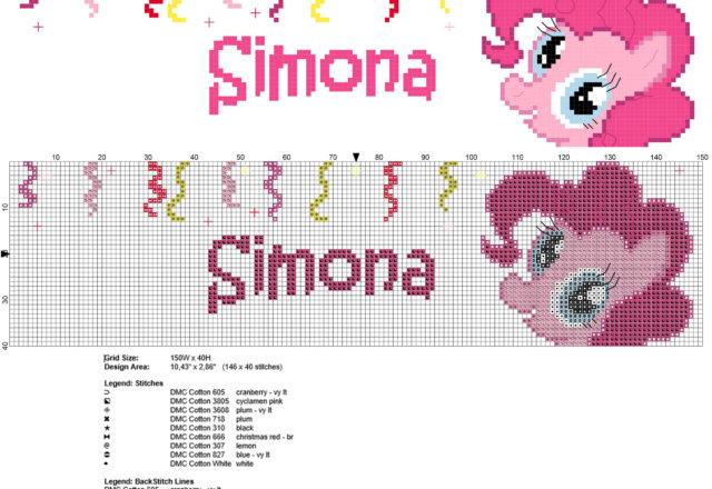 Simona nome punto croce bambina con Pinkie Pie delle My Little Pony cartoni animati